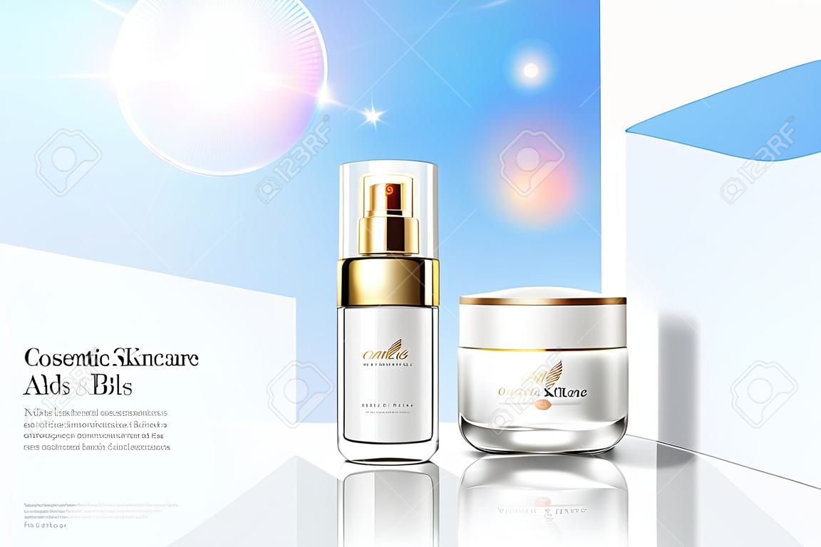 Cosmetic skincare ads on blue sky and modern white wall background in 3d illustration