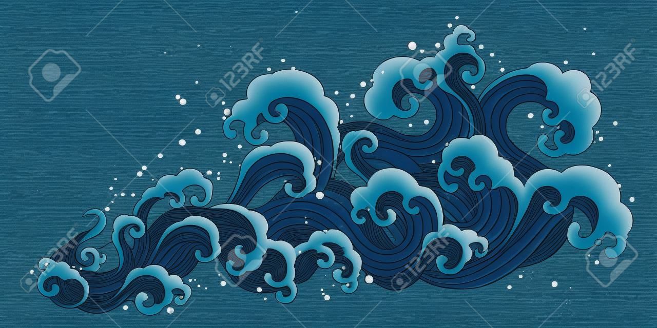 Ukiyo-e style splashing ocean tide on dark blue background