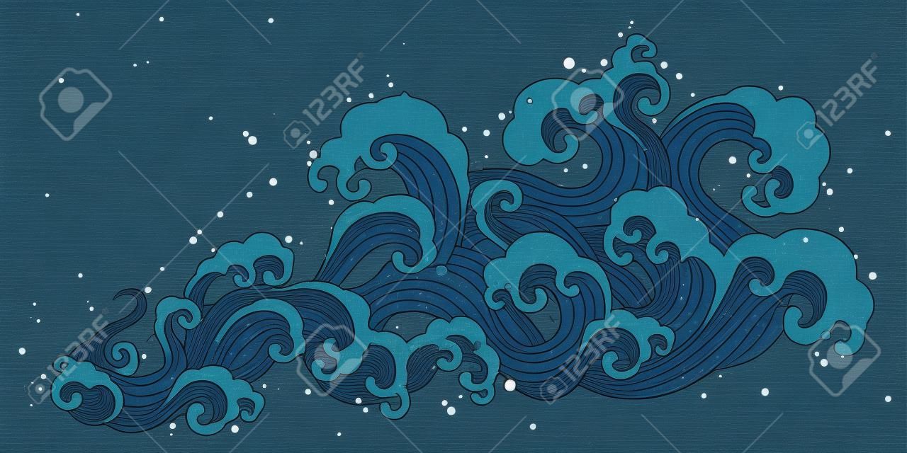 Ukiyo-e style splashing ocean tide on dark blue background