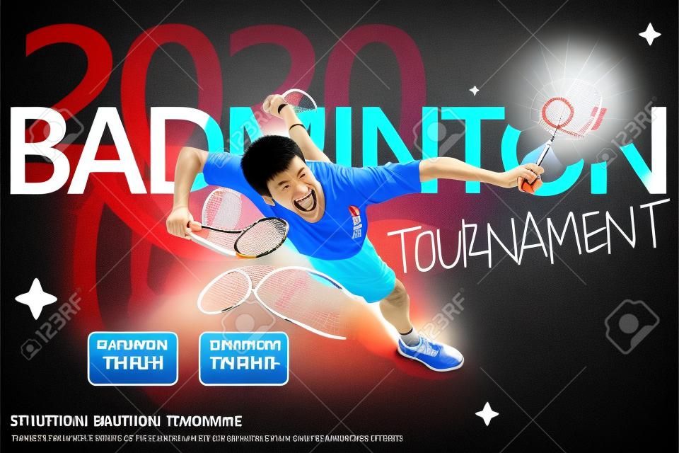 Badminton tournament poster template, top view of a male character jumping high to strike shuttlecock, in flat style