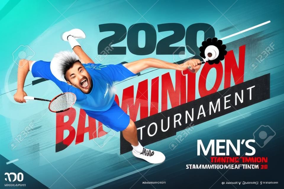 Modello di poster del torneo di badminton, vista dall'alto di un personaggio maschile che salta in alto per colpire il volano, in stile piatto