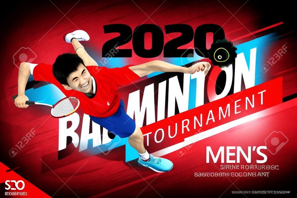 Modello di poster del torneo di badminton, vista dall'alto di un personaggio maschile che salta in alto per colpire il volano, in stile piatto