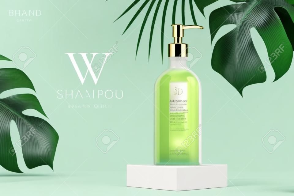 Ilustração 3d de modelo de anúncio de produto de beleza, shampoo mock-up definido no pódio cubo com monstera e folhas tropicais, conceito de cuidados de pele de luxo
