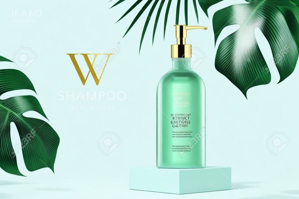 Illustrazione 3d del modello di annuncio del prodotto di bellezza, mock-up di shampoo impostato sul podio del cubo con monstera e foglie tropicali, concetto di cura della pelle di lusso