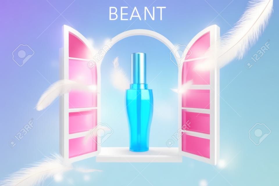 Ad template for beauty product, bottle mock-up set by pink window with flying feathers, concept of young and feminine, 3d illustration