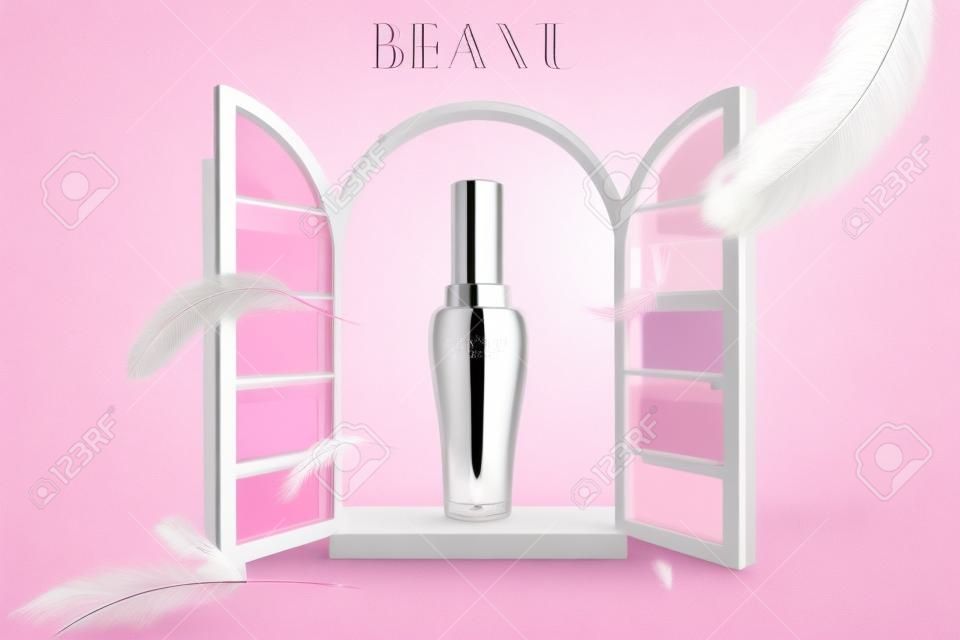 Modello di annuncio per prodotto di bellezza, mock-up di bottiglia impostato da finestra rosa con piume volanti, concetto di giovane e femminile, illustrazione 3d
