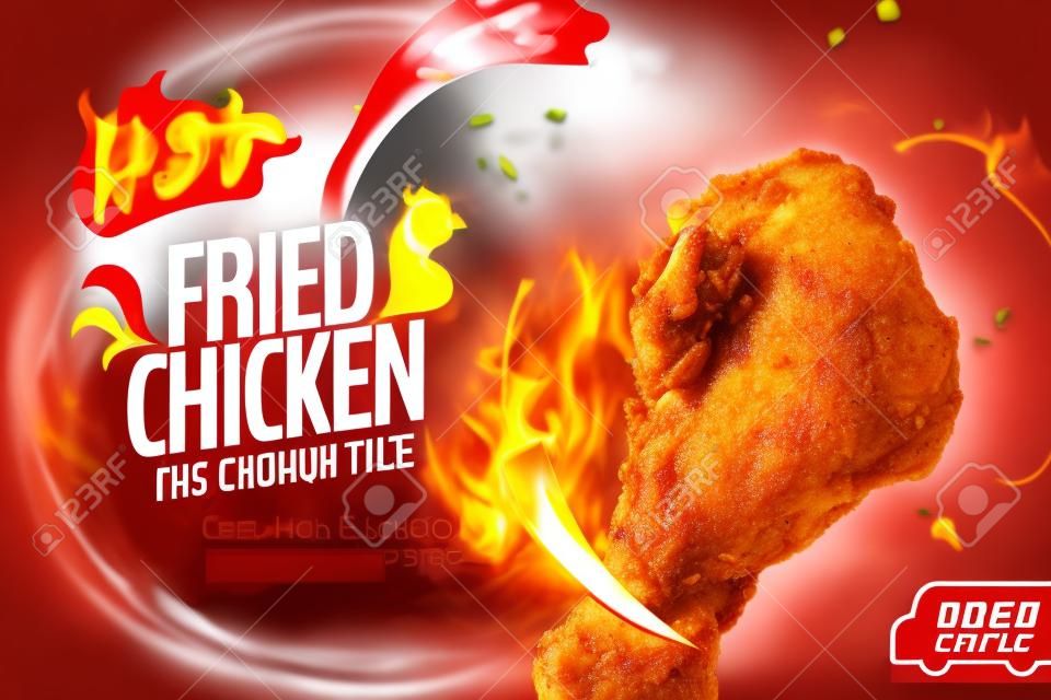 Delicious fried chicken in 3d illustration with fire and chili, concept of spicy flavor