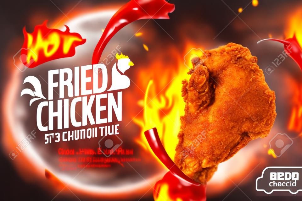Délicieux poulet frit en illustration 3d avec feu et piment, concept de saveur épicée