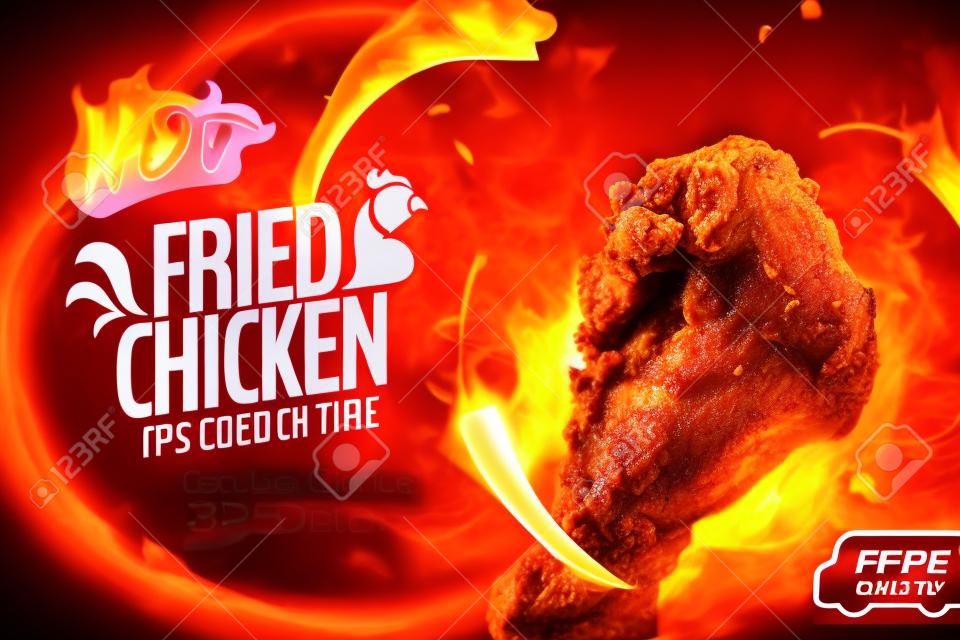 Delicioso pollo frito en ilustración 3d con fuego y chile, concepto de sabor picante