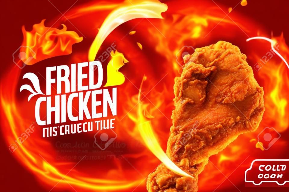 Delicioso pollo frito en ilustración 3d con fuego y chile, concepto de sabor picante