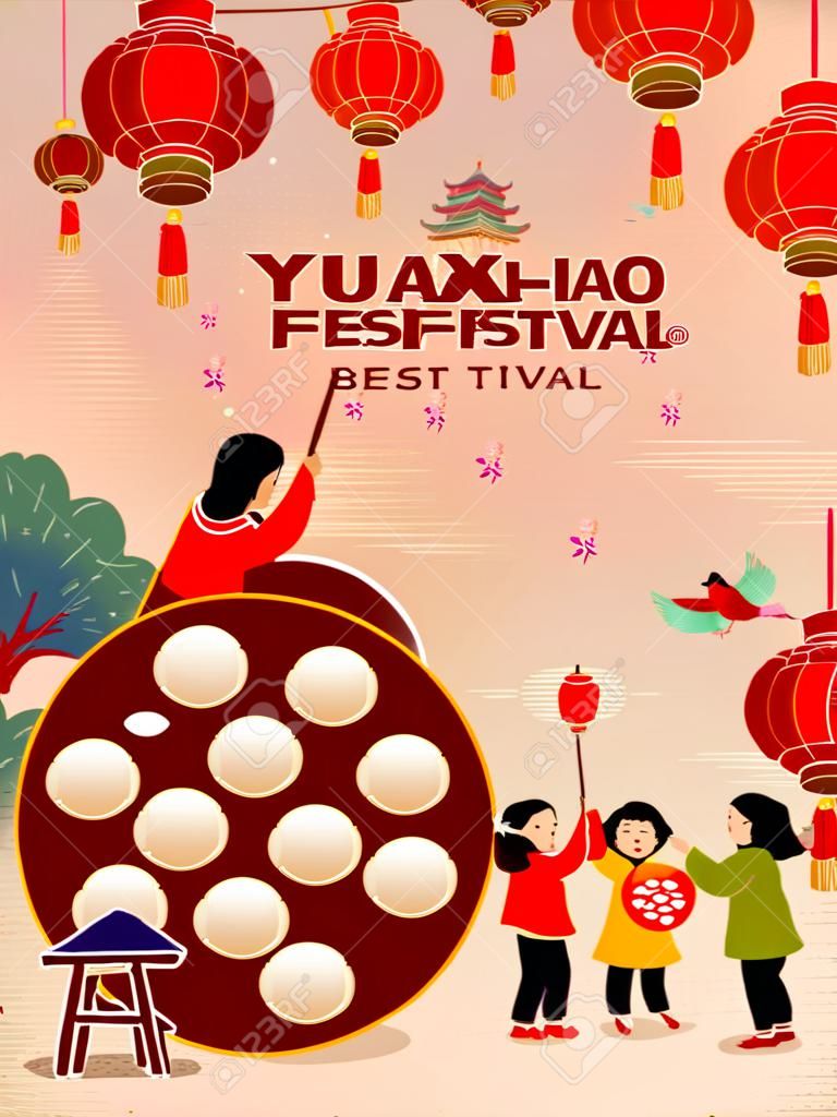 Yuanxiao festival poster. Faceless Asian people enjoying glutinous rice balls with lanterns hanging above. Translation: CNY Lantern Festival, 15th January