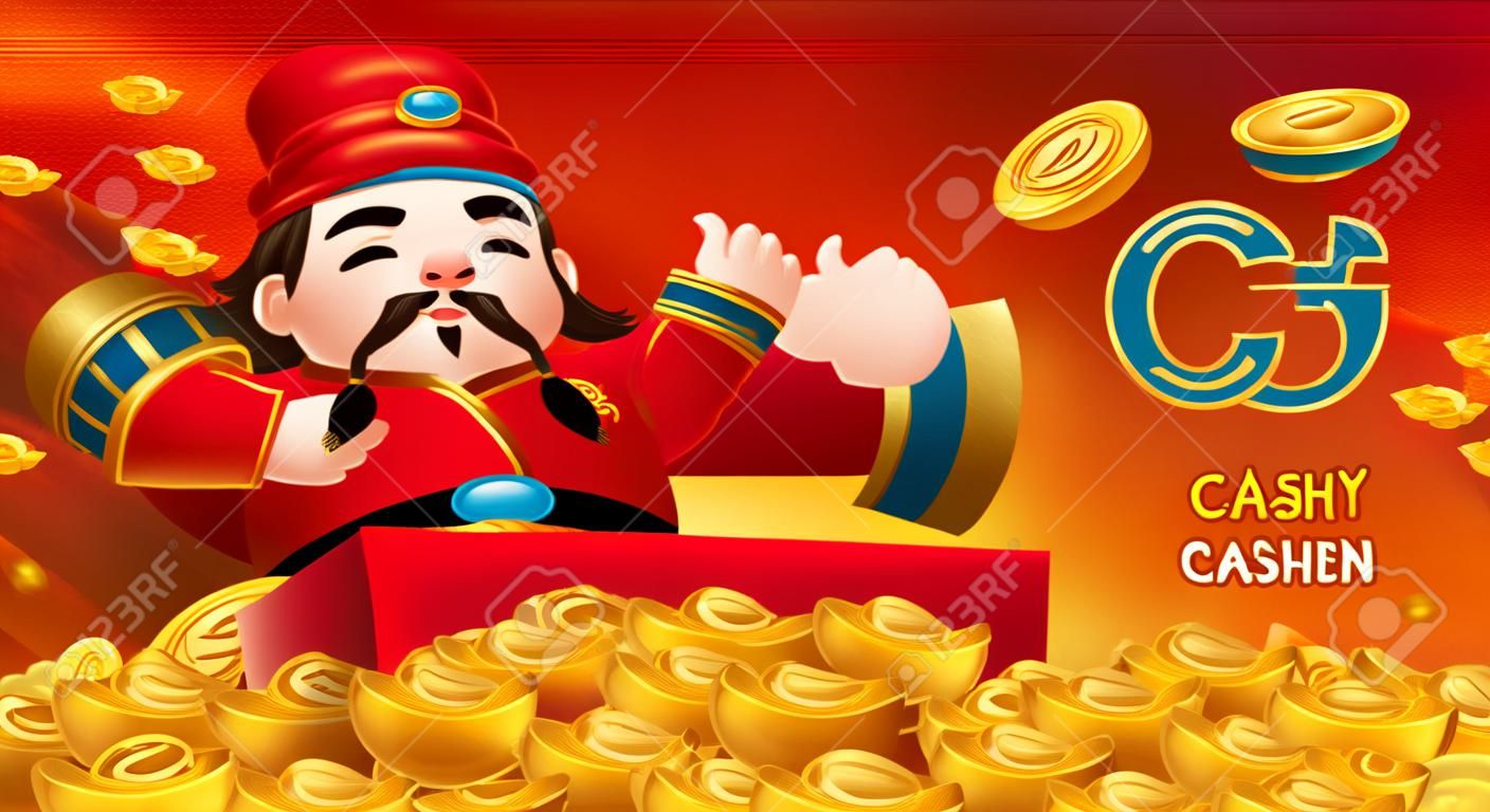 CNY caishen apparaît de la boîte au trésor et tient joyeusement un lingot d'or géant, Traduction : Accueillir le dieu de la richesse