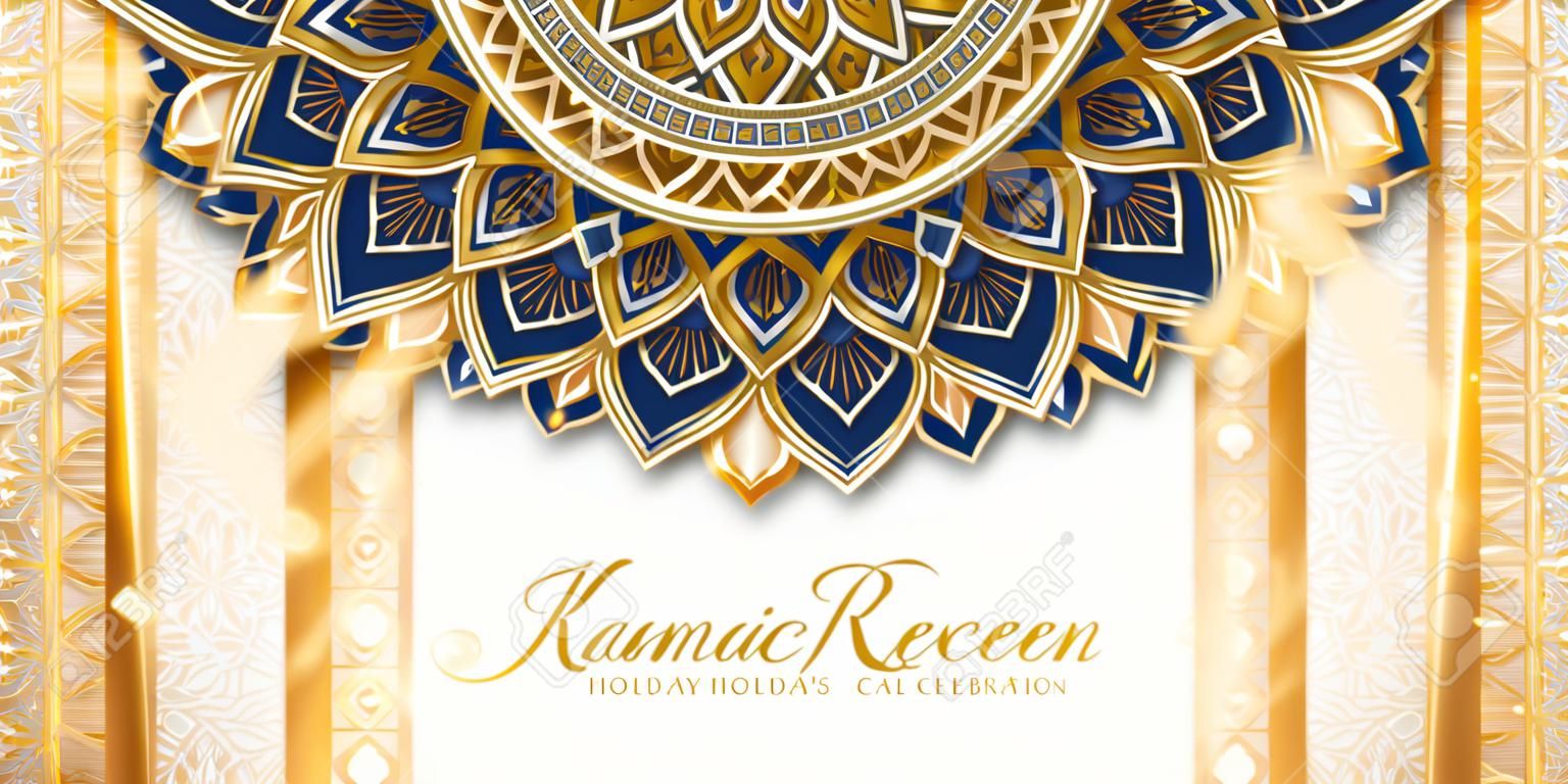 3d Islamitische vakantie viering achtergrond ontwerp met luxe gouden geometrische patronen. Banner template geschikt voor Ramadan, Eid al-Fitr of Hari Raya.