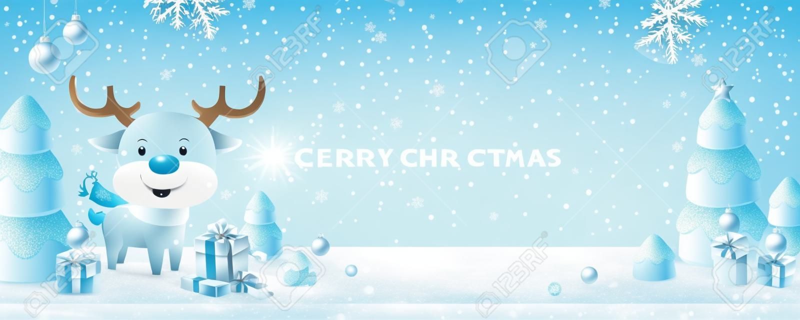 3d Merry Christmas illustration banner in light blue. Cute deer with Christmas trees, bells, gift boxes on the snow surface background