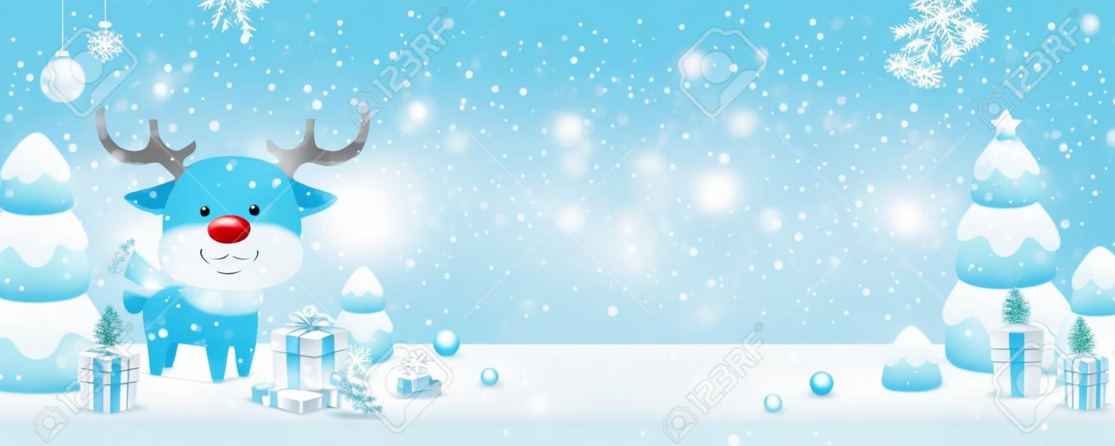 3d Merry Christmas illustration banner in light blue. Cute deer with Christmas trees, bells, gift boxes on the snow surface background