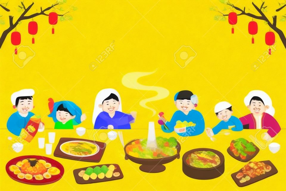 Azjatycka grupa rodzinna o kolacji na długim stole na żółtym tle