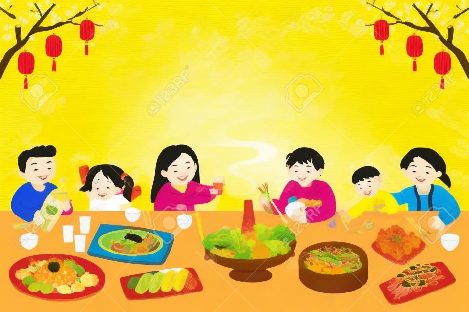 Groupe familial asiatique en train de dîner de réunion sur une longue table sur fond jaune