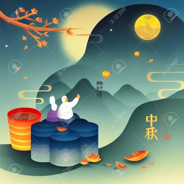 Ilustracja festiwalu w połowie jesieni. królik i mężczyzna siedzący na gigantycznym torcie księżycowym, oglądający krajobraz pełni księżyca przez wycięte okno kropelki. tłumaczenie: środek jesieni