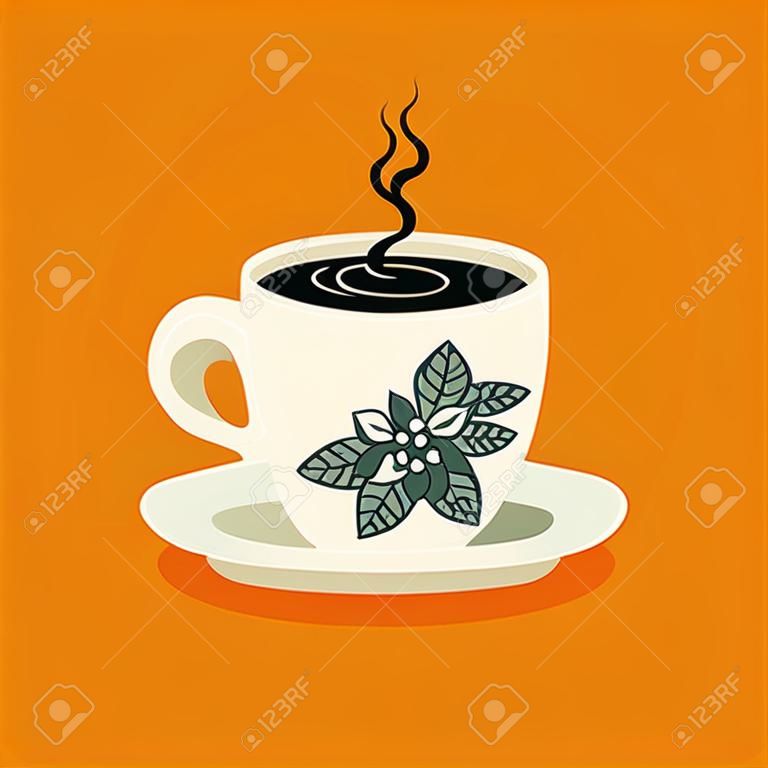 Traditional oriental style coffee on orange colour background - flat art vector icon