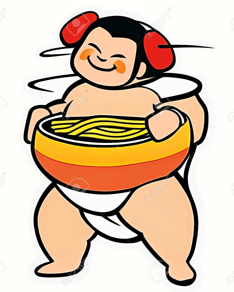 La mascotte giapponese dei cartoni animati SUMO offre una grande ciotola di ramen caldo, illustrazione del carattere vettoriale