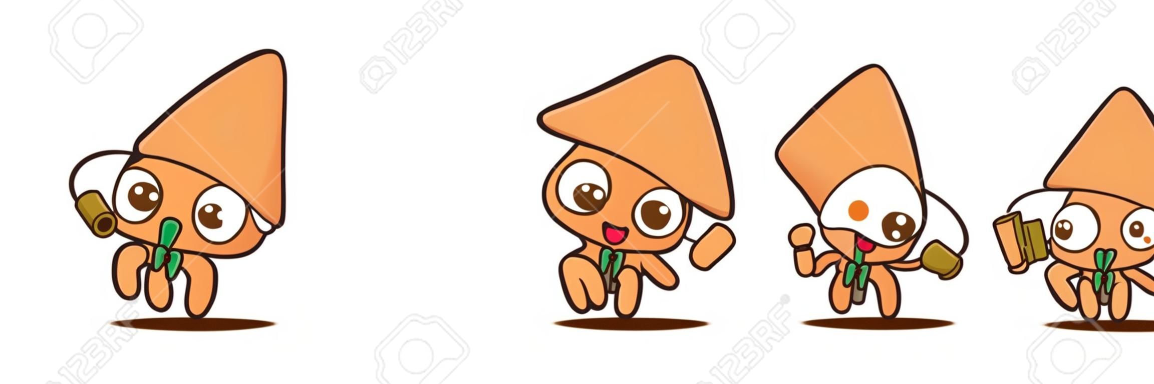 Cartoon cute squid with bowtie mascot set, cute squid holding book, pencil and bbq tong. - Vector mascot set