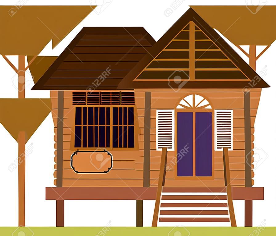 Malay vintage house. Traditional Village Malay House / Rumah Kampung Melayu in Malaysia. Vector Illustration isolated