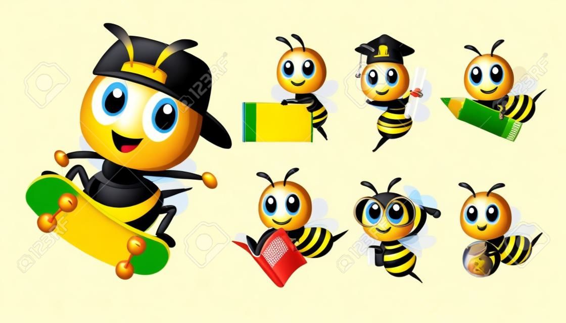 다양한 포즈와 활동, 스케이팅, 연필, 책, 지구본, 칠판을 들고 있는 꿀벌 만화 시리즈. 벡터 꿀벌 마스코트 세트