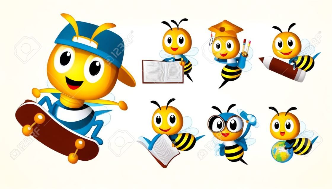 Colección de series de dibujos animados de abejas en diferentes poses y actividades, patinaje, lápiz, libro, globo y pizarra. Conjunto de mascota de abeja vectorial