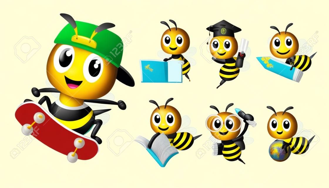 다양한 포즈와 활동, 스케이팅, 연필, 책, 지구본, 칠판을 들고 있는 꿀벌 만화 시리즈. 벡터 꿀벌 마스코트 세트