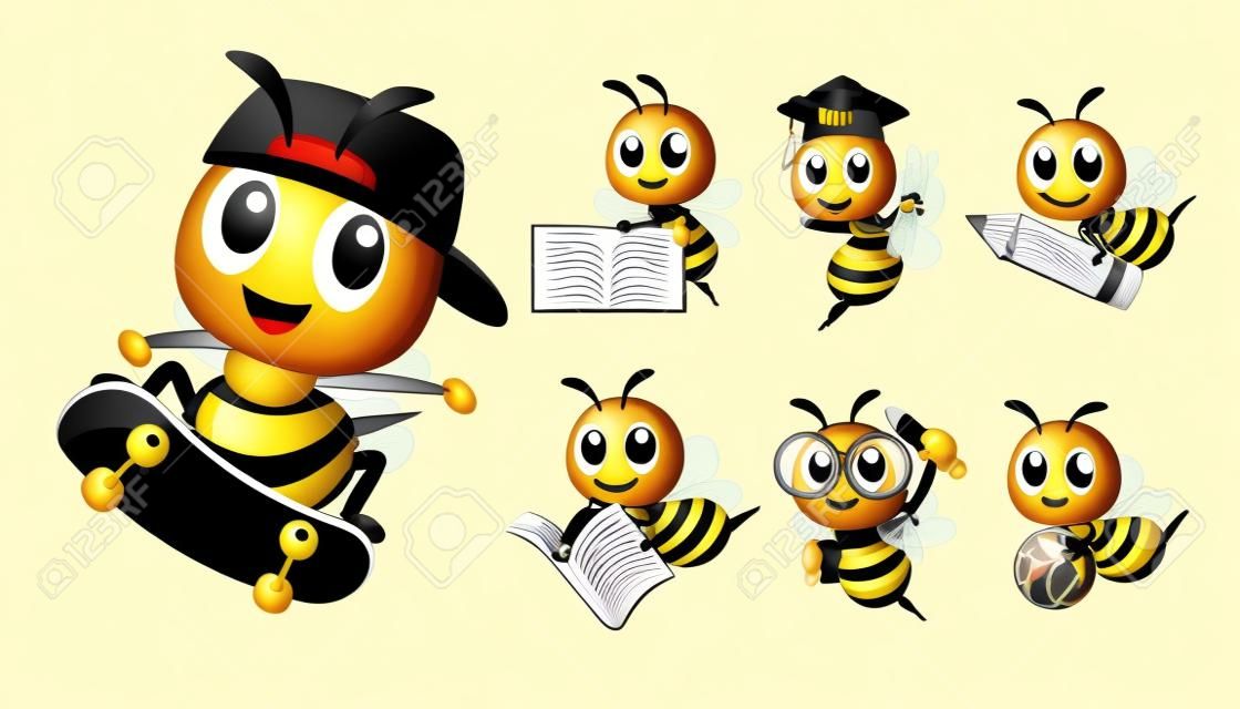 Colección de series de dibujos animados de abejas en diferentes poses y actividades, patinaje, lápiz, libro, globo y pizarra. Conjunto de mascota de abeja vectorial