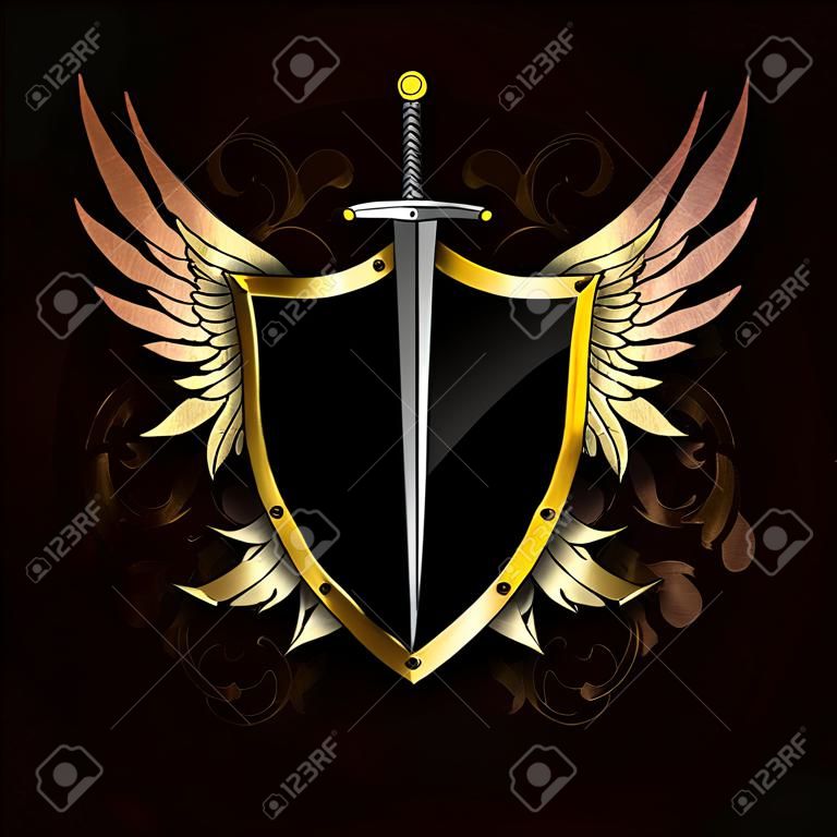 Medieval shield with gold wings, gold ribbon and sword on dark grunge background with patterns.