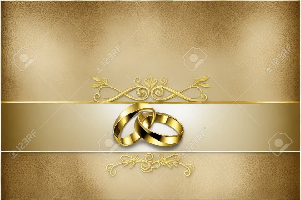 Dekoratív esküvői háttér, arany gyűrűk és virágos európai mintát.