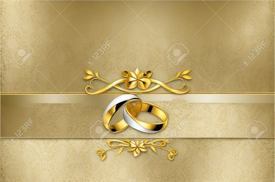 Dekoratív esküvői háttér, arany gyűrűk és virágos európai mintát.