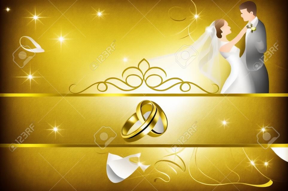 Wedding decorative background with gold wedding rings. Wedding invitation template.