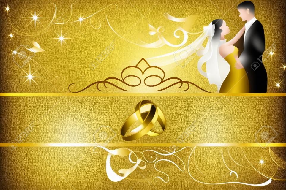 Wedding decorative background with gold wedding rings. Wedding invitation template.