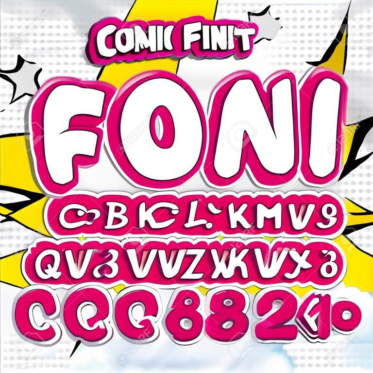 Creative high detail comic font. Alphabet in the style of comics, pop art. Letters and figures for decoration of kids' illustrations, websites, posters, comics and banners.