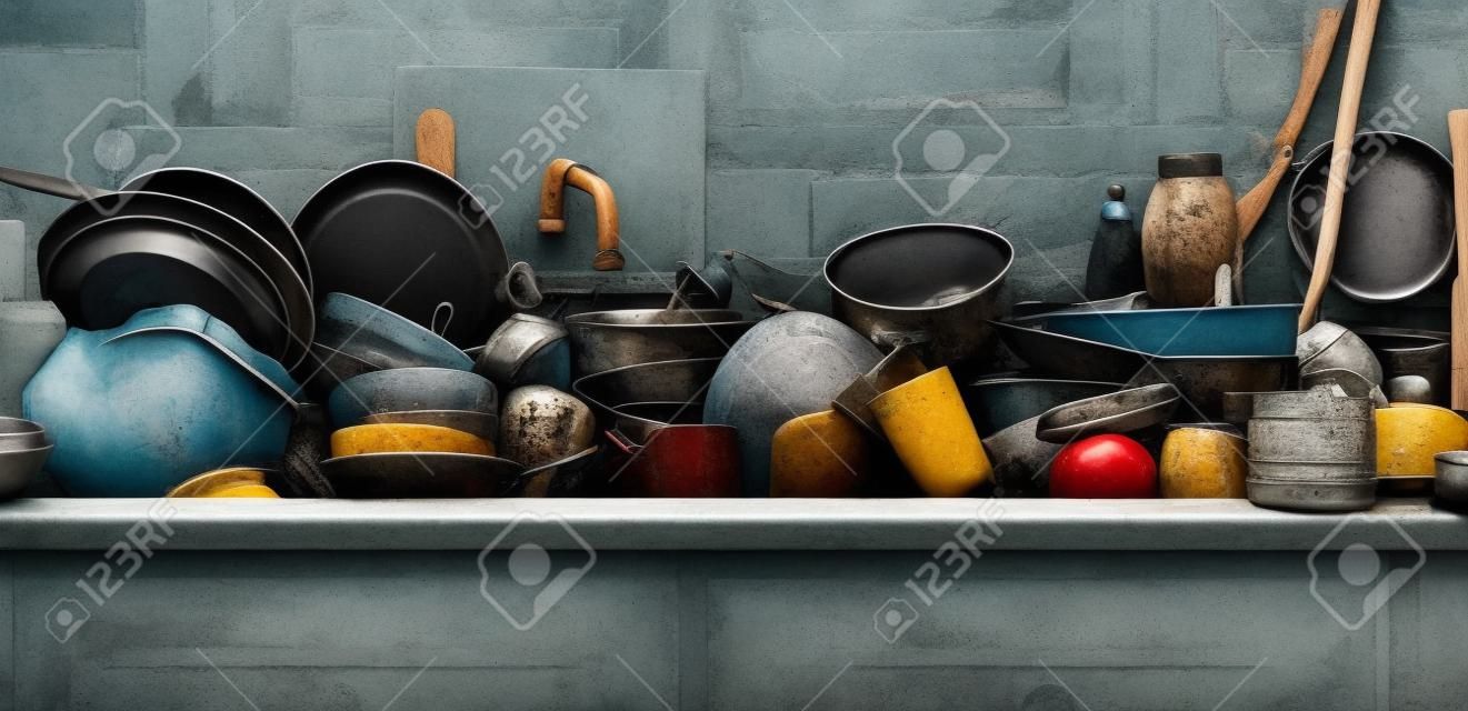 Pilha de utensílios sujos em um lavatório de cozinha
