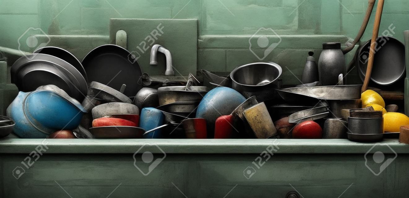 Pile van vuile gebruiksvoorwerpen in een keuken wastafel