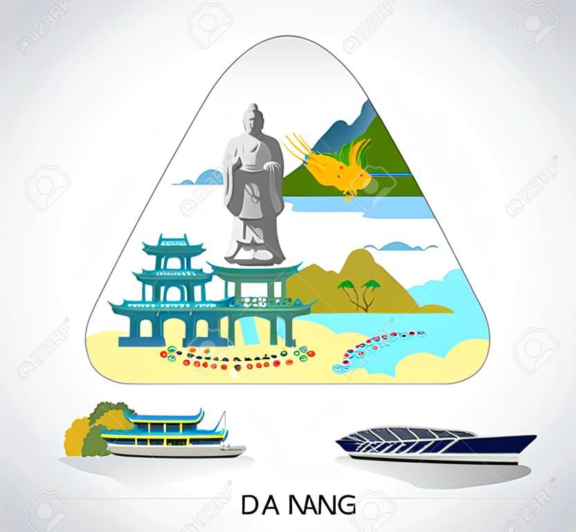 Travel to Vietnam. Da Nang symbols in illustration. Set of Da Nang cultural symbols.  - Vector