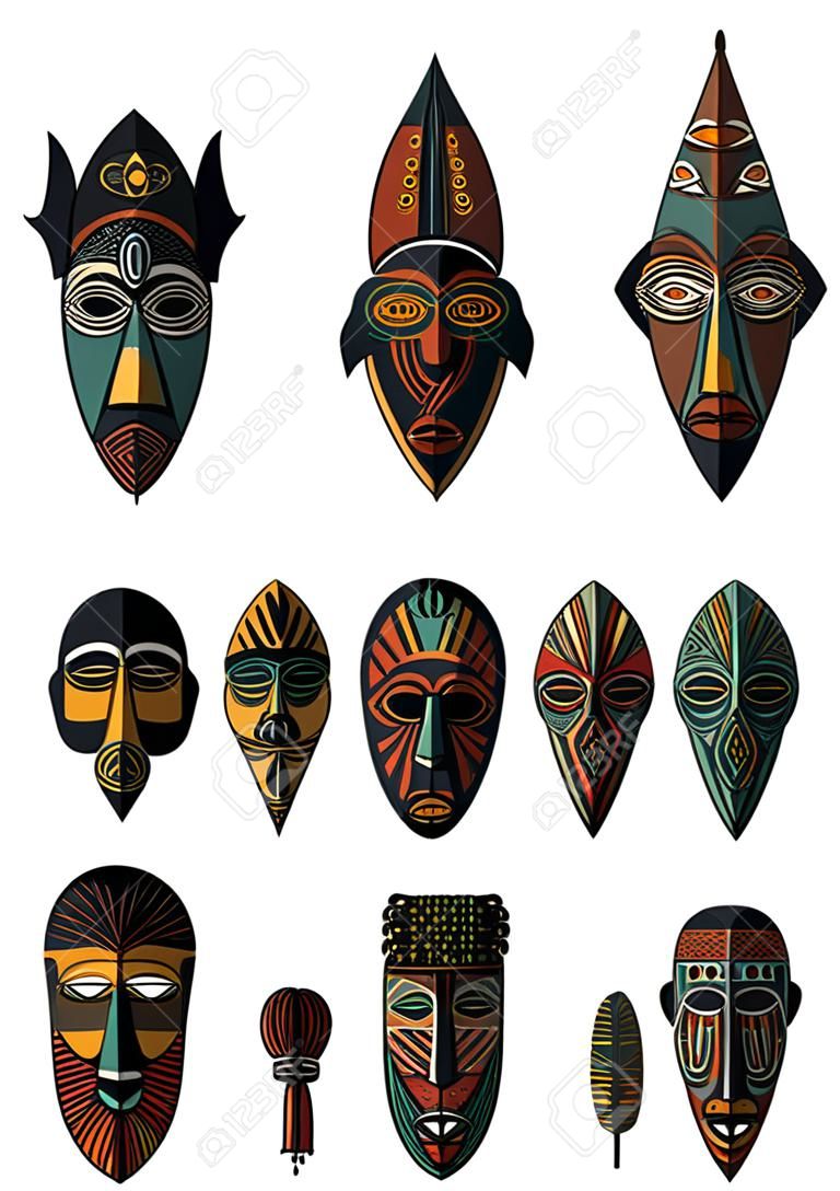 Conjunto de máscaras tribales étnicas africanas en el fondo blanco. iconos planos. Los símbolos rituales.