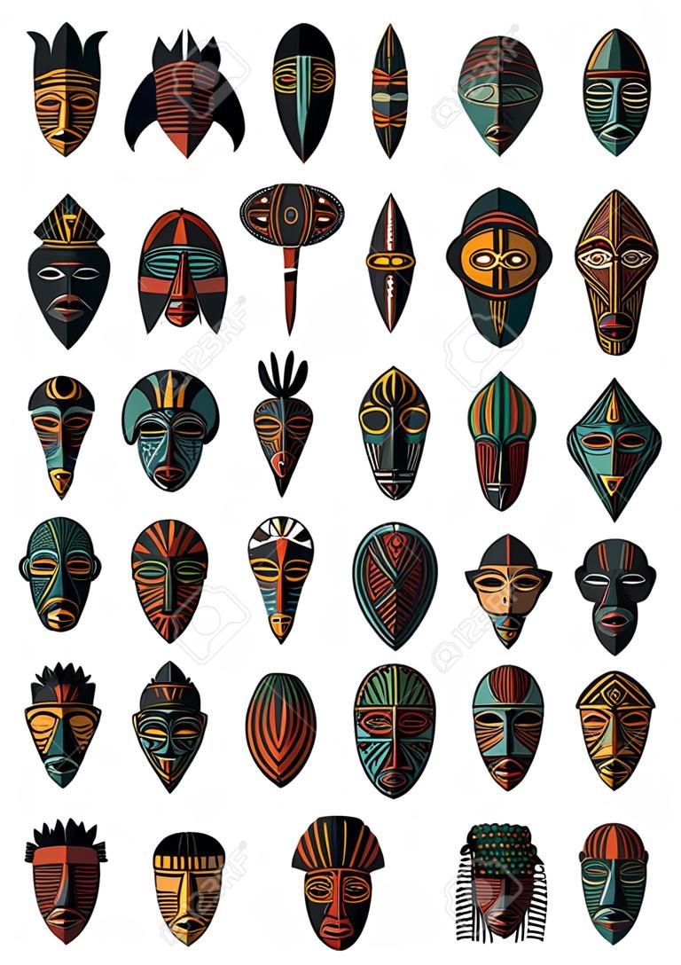 beyaz zemin üzerine Afrikalı Etnik Tribal maske ayarlayın. Düz simgeler. Ritüel semboller.