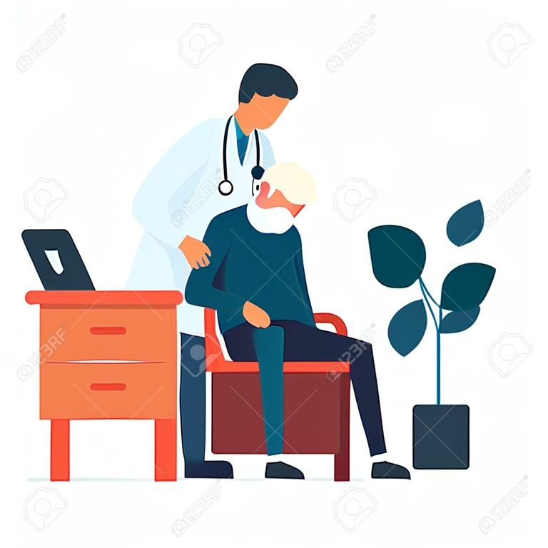 Doctor examining a patient. health care flat vector illustration. Man doing checkup examination in clinic, senior sitting in chair.