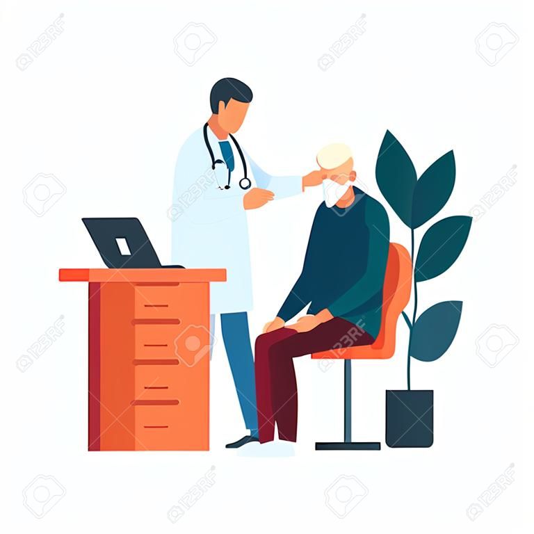 Doctor examining a patient. health care flat vector illustration. Man doing checkup examination in clinic, senior sitting in chair.