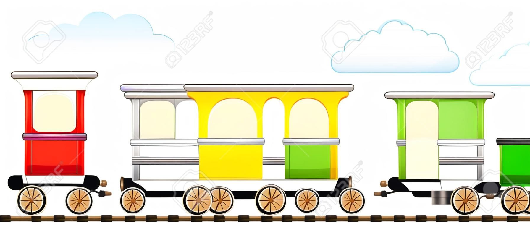 cartoon geïsoleerde schattige trein met kleurrijke koets in de spoorweg