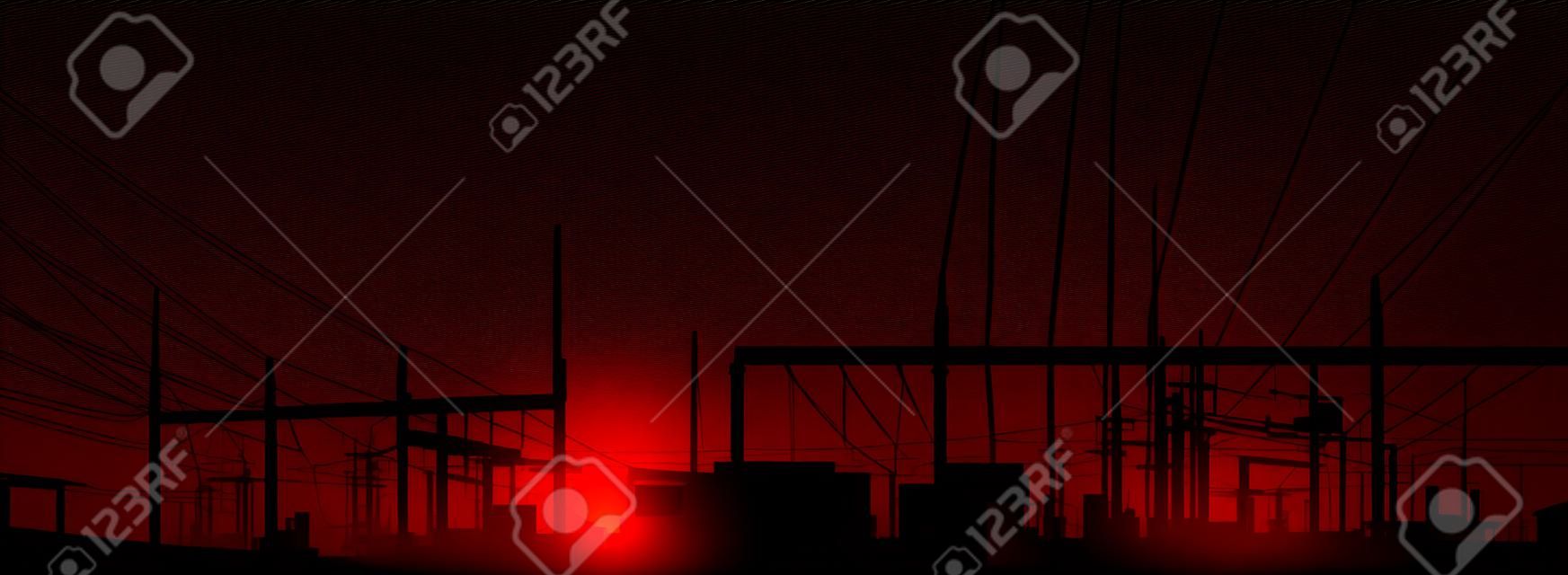 Vector contour silhouette. Substation, powerhouse. High-voltage line. Poles, cable