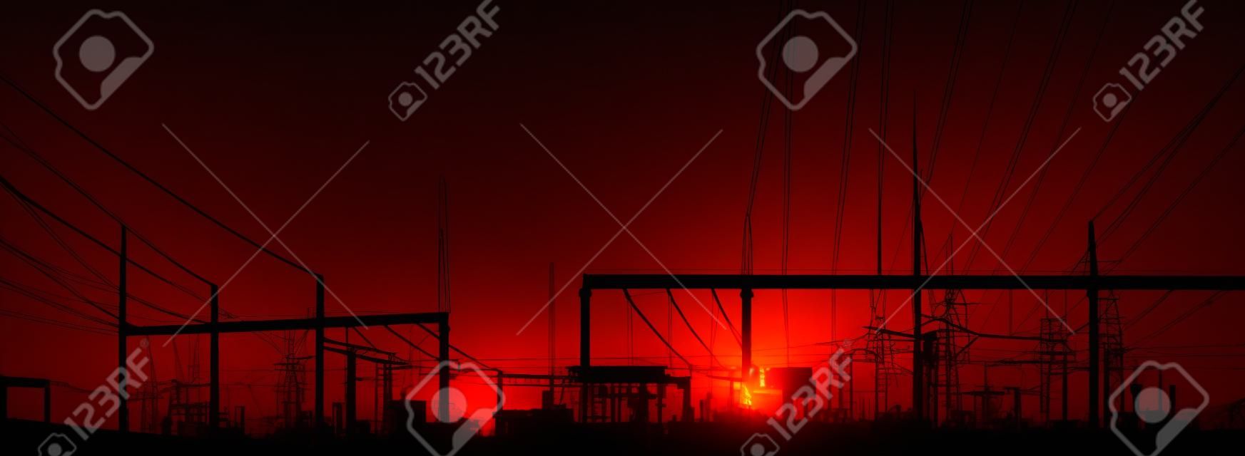 Vector contour silhouette. Substation, powerhouse. High-voltage line. Poles, cable