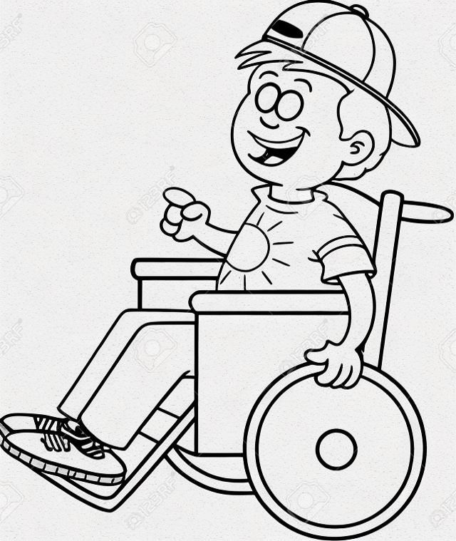 車椅子の少年の黒と白のイラスト