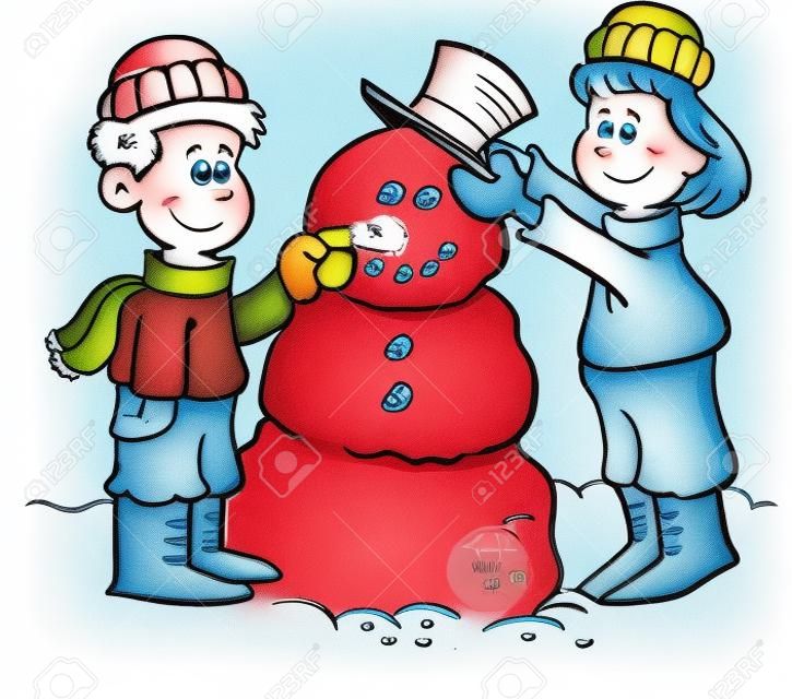 兩個孩子的卡通插圖建設一個雪人