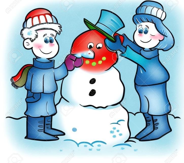 Cartoon illustrazione di due bambini costruzione di un pupazzo di neve