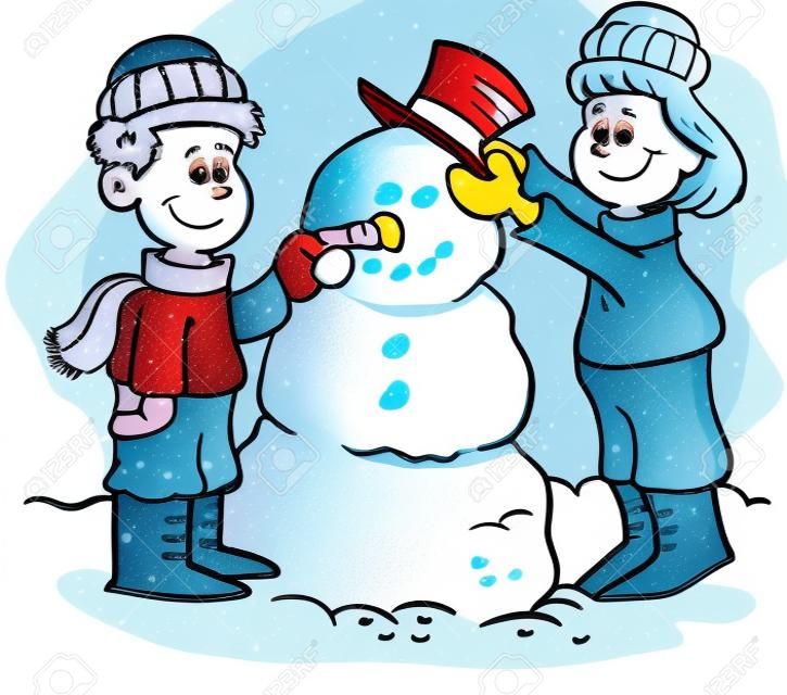Cartoon illustrazione di due bambini costruzione di un pupazzo di neve